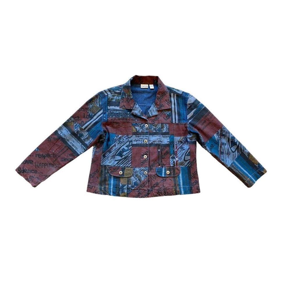 Chico's‎ Size 1 M Lightweight Denim Jacket Comic Strip Sequin Beaded Embellished